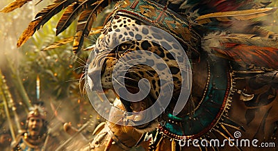 With a fierce snarl an Aztec jaguar warrior charges into battle his body adorned with elaborate body paint and feathers Stock Photo