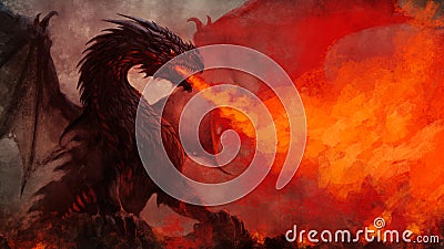 Fierce winged black dragon fantasy illustration Cartoon Illustration