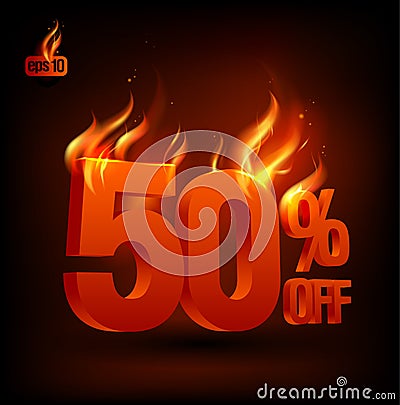 Fiery 50 percent off, sale background. Vector Illustration