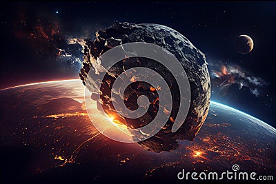 fiery asteroid flying to earth illustration Generative AI Cartoon Illustration