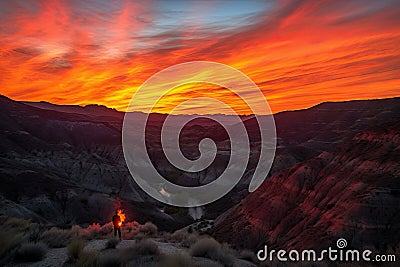 fiery canyon sunset with silhouetted figure on the ridge, viewing the scene Stock Photo