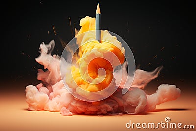 Fiery cloud propels pencil, fusing artistic launch with a dynamic flame. Stock Photo