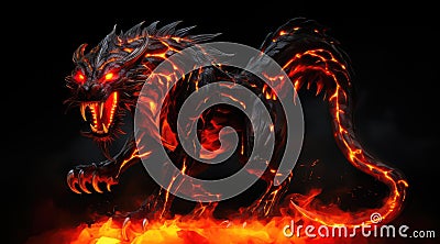 Fiery demon. Mystical monster in fire on dark background Stock Photo