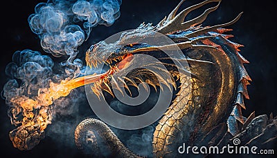 Fiery Dragon, A Majestic Creature Breathing Fire and Smoke, Generative AI Stock Photo