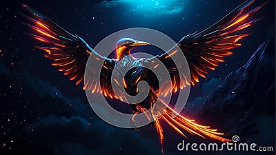 a fiery eagle with spreading wings flying among the flames in a cloudy sky Stock Photo