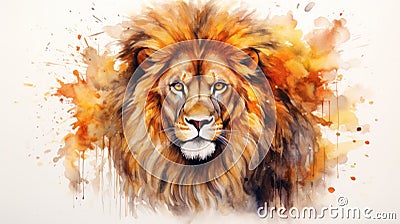 Fiery Eyes of a Lion: Lush Watercolor Mane on White Background AI Generated Cartoon Illustration