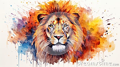 Fiery Eyes of a Lion: Lush Watercolor Mane on White Background AI Generated Cartoon Illustration