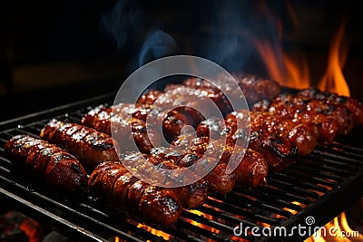 Fiery grilling spectacle, Sizzling sausage on the flaming grill Stock Photo