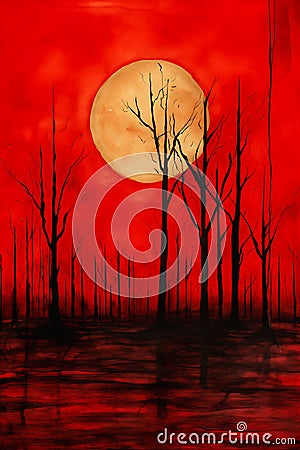 Fiery Horizons: A Haunting Landscape of Blood, Shadows, and Burn Stock Photo