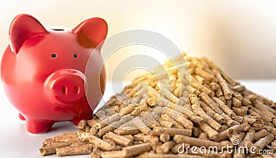 Fiery Investments: Wood Pellets and the Red Piggy Bank Stock Photo