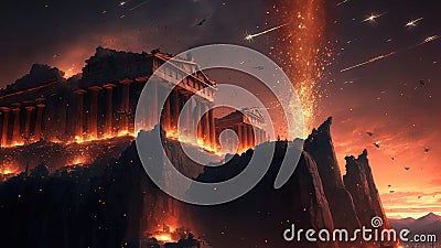 a fiery meteorite hit a ancient greek city causing an apocalyptic explosion. catastrophe. Generative AI Stock Photo
