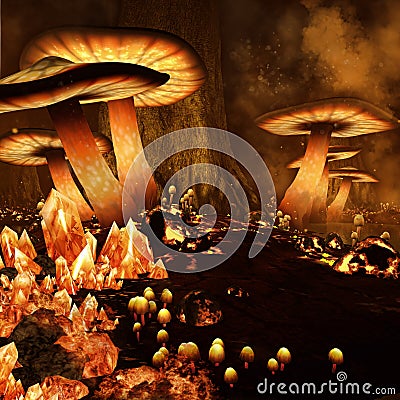 Fiery mushroom forest Stock Photo