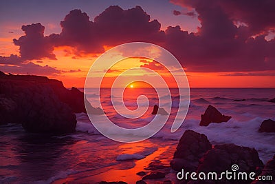 A fiery orange and pink sky with the sun setting over the horizon of a vast ocean generated by Ai Stock Photo