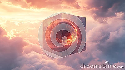 Fiery orb encased in translucent cube floating in soft clouds Stock Photo