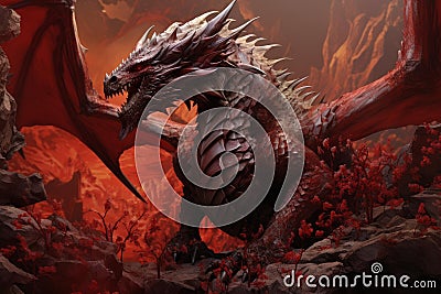 Fiery Red dragon fantasy art. Generate Ai Stock Photo