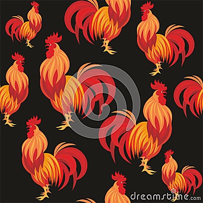 Fiery rooster seamless pattern Vector Illustration