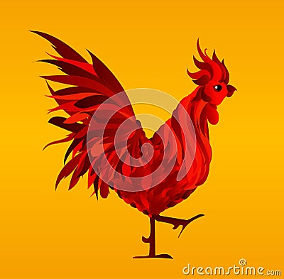 Fiery Rooster. Vector. Profile Red Cockerel on a yellow background Stock Photo