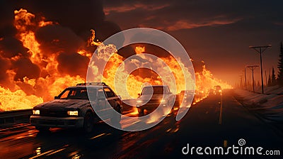 Fiery Scene: 3D Rendering of Burning Cars on the Evening Road Stock Photo