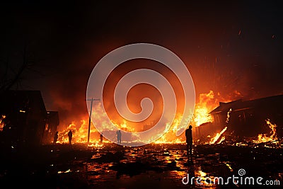 Fiery silhouette, firemen wrestle towering scrap blaze Stock Photo