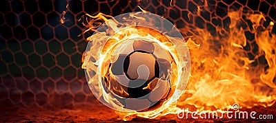 Fiery soccer ball smashing into goal with net in flames action packed sports concept Stock Photo