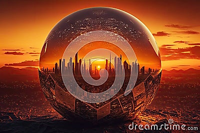 a fiery sunrise over a globe with a city skyline in the foreground Stock Photo