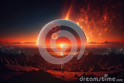 a fiery sunrise over a globed shaped planet in the distance, with city lights and starry skies visible below Stock Photo