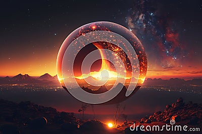 a fiery sunrise over a globed shaped planet in the distance, with city lights and starry skies visible below Stock Photo