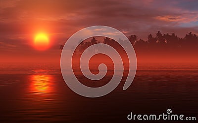 Fiery Sunset Tropic Scenery Stock Photo