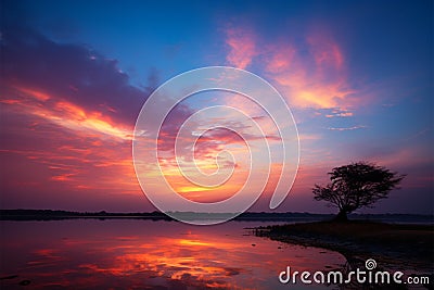 Fiery sunsets backdrop peaceful landscapes with warm, colorful embrace Stock Photo