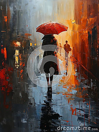 Fiery Umbrella: A Moody Walk Through a Noire Palette Stock Photo