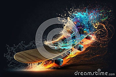 Skateboard on fire background with splashes Stock Photo
