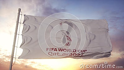 FIFA World Cup Qatar 2022 flag waving in the wind, blue sky background. 3d rendering Editorial Stock Photo