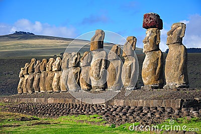 Fifteen moai at Tongariki, Easter Island Stock Photo