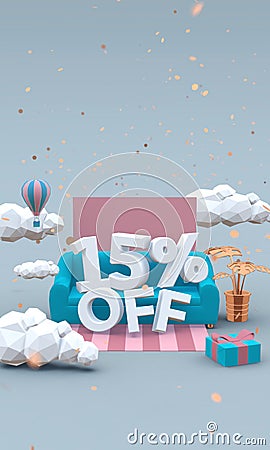 15% Fifteen percent off 3d illustration in cartoon style. Discount concept. Cartoon Illustration