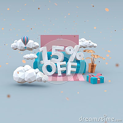 15 Fifteen percent off 3d-illustration in cartoon style. Sale concept. Cartoon Illustration