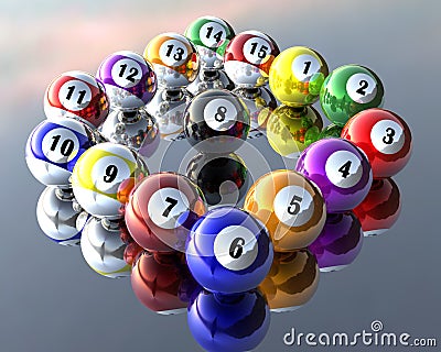 Fifteen pool billiard balls Stock Photo