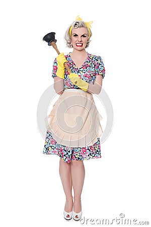 Fifties housewife with sink plunger, humorous concept, isolated Stock Photo