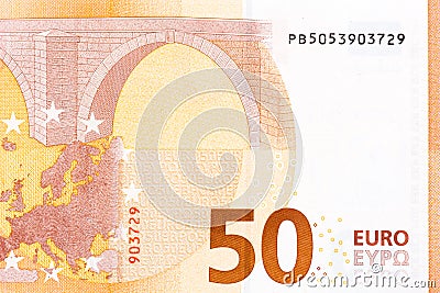 Fifty euro banknote macro fragment, back side. Stock Photo