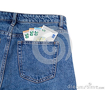 fifty euro bills in the back pocket of denim pants. concept Stock Photo