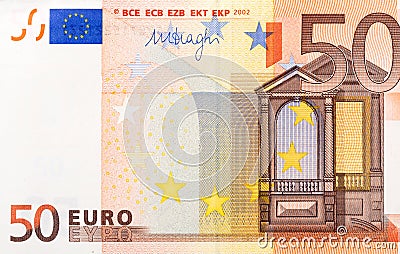 Fifty euro - macro fragment of money banknote. Stock Photo