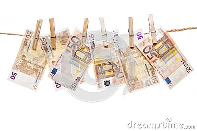 Fifty euro notes hanging Stock Photo