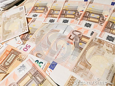 Euro paper money spread on the desk Stock Photo