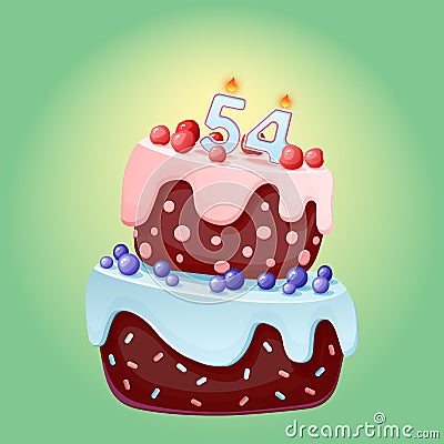 Fifty nine years birthday cake with candles number 59. Cute cartoon festive vector image. Chocolate biscuit with berries, cherries Vector Illustration