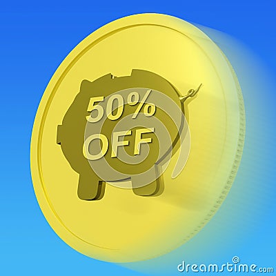 Fifty Percent Off Gold Coin Shows 50 Half-Price Deal Stock Photo