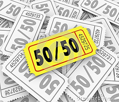 50-Fifty Raffle Tickets Pile Fundraiser Charity Contest Winner Stock Photo