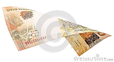 Fifty reais banknote falling on white background. Concept of light money, fortune, grand prize Stock Photo