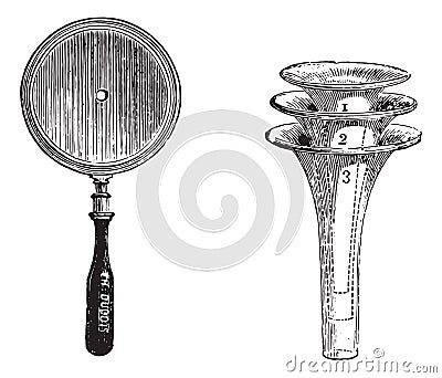 Fig. 994. Concave mirror for otoscopic examination, Fig. 995. Set of three speculums to practice otoscopy, vintage engraving Vector Illustration
