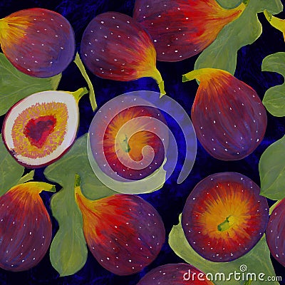 Fig fruits and leaves - seamless pattern. Watercolor background illustrations for greeting cards, fabric, kitchen textiles, Stock Photo