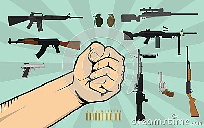 Fight against gun control illustration with hand and a lot of different weapon or gun as background Vector Illustration