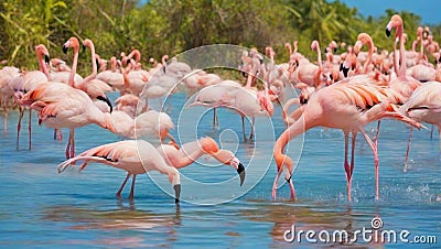 Fight of American flamingos Stock Photo